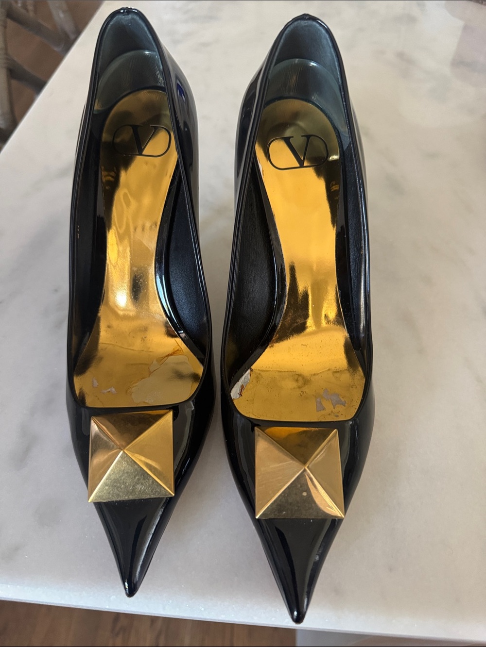 Valentino Black Patent Pointed Pumps with Gold Pyramid Detail
